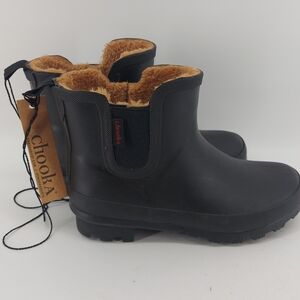 Chooka Women's Waterproof Black Faux Fur Lined Black Rubber Rain Boot Size 6